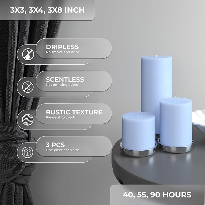 Assorted Pillar Candles Set of 3 – Sizes 3", Rustic Finish Long Burning - Image 3