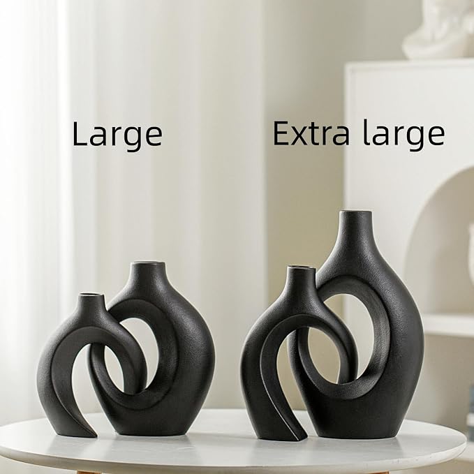 XL Black Ceramic Vase Set of 2 for Modern Home Decor, Neutral Boho Round Donut - Image 2