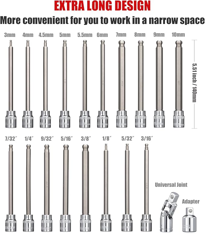 3/8 Inch Drive Long Ball End Hex Bit Socket Set, 20-Piece SAE & Metric Allen - Image 2