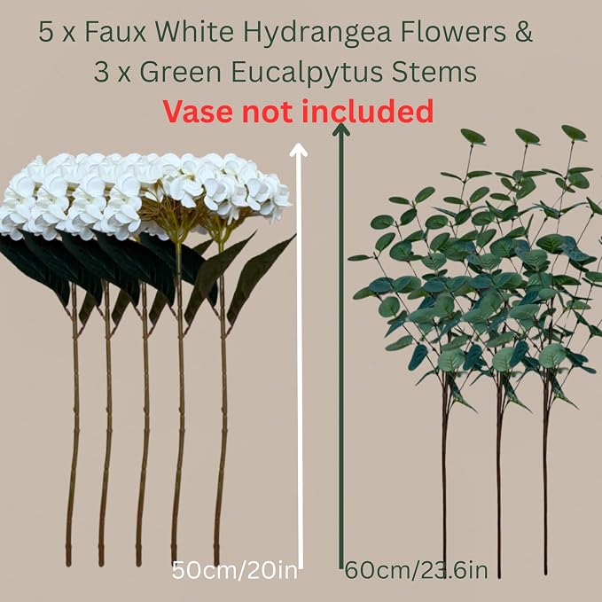 Real Touch White Faux Hydrangea And Eucalyptus Arrangement, Faux Floral - Image 5
