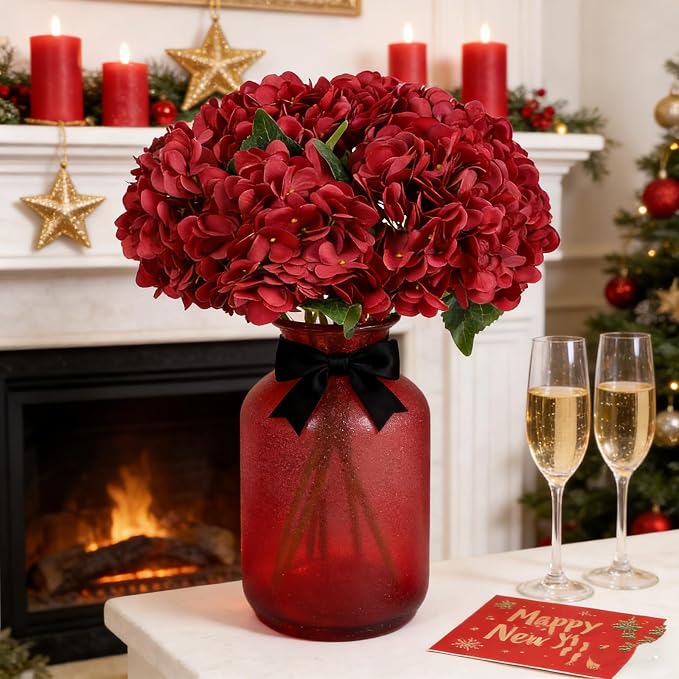 Kimura's Cabin 6Pcs Hydrangea Artificial Flowers Silk Hydrangeas, Dark Red | - Image 5