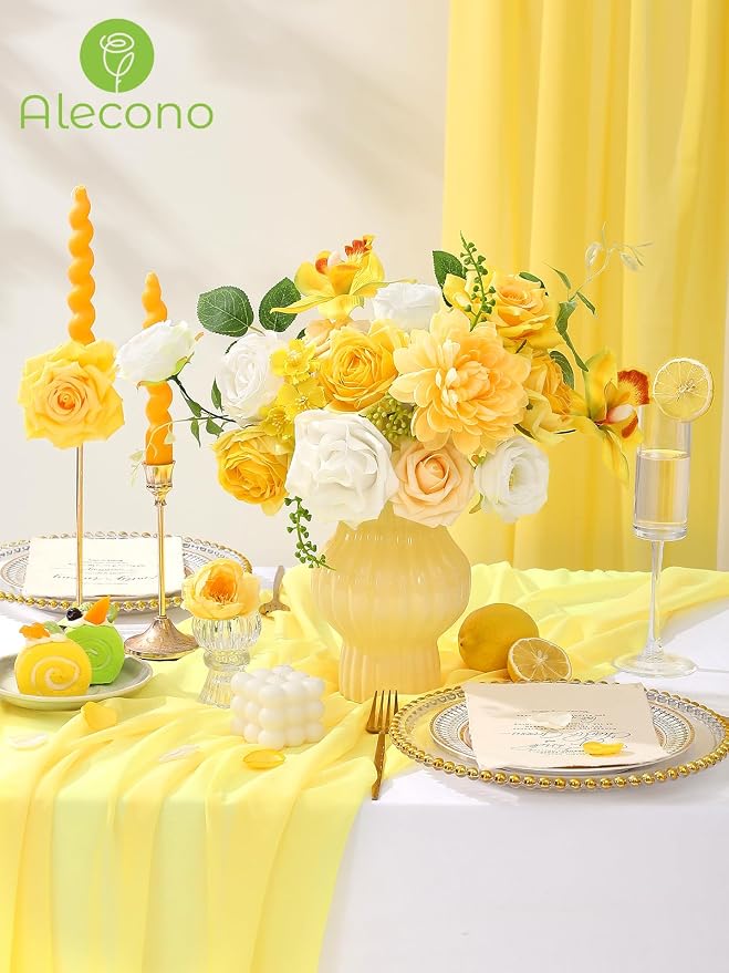 Alecono Yellow Artificial Flowers, Silk Fake Roses Floral Set | - Image 3