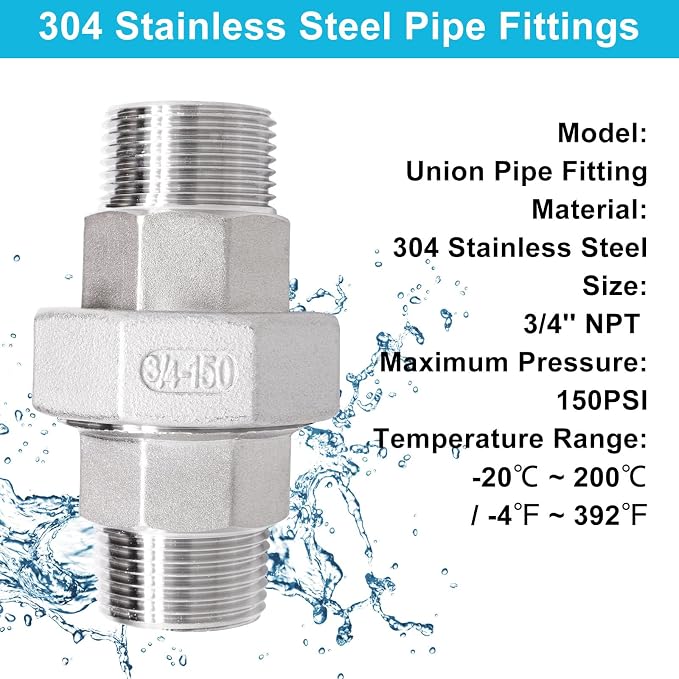 2PCS Cast Pipe Fittings Union, 3/4" NPT Male x 3/4" NPT Male 304 Stainless - Image 4