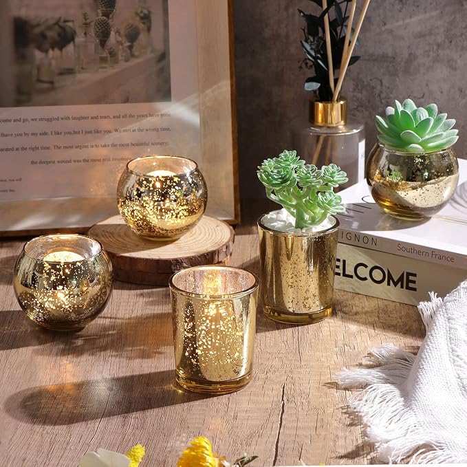24 Pcs Assorted Gold Votive Candle Holders, Mercury Glass Tea Lights Holder | - Image 6