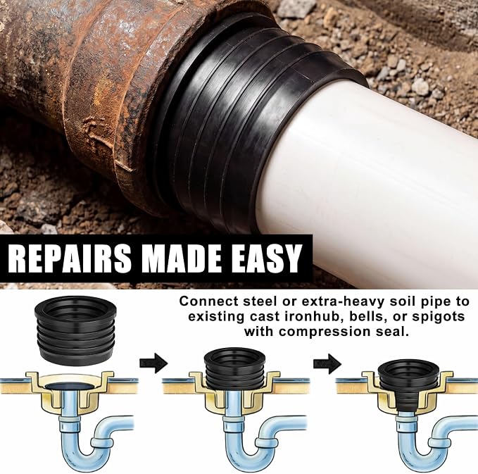 4 Pack 3'' to 3'' Cast Iron Hub to PVC Adapter Sewer Pipe Repair Kit Flexible - Image 6