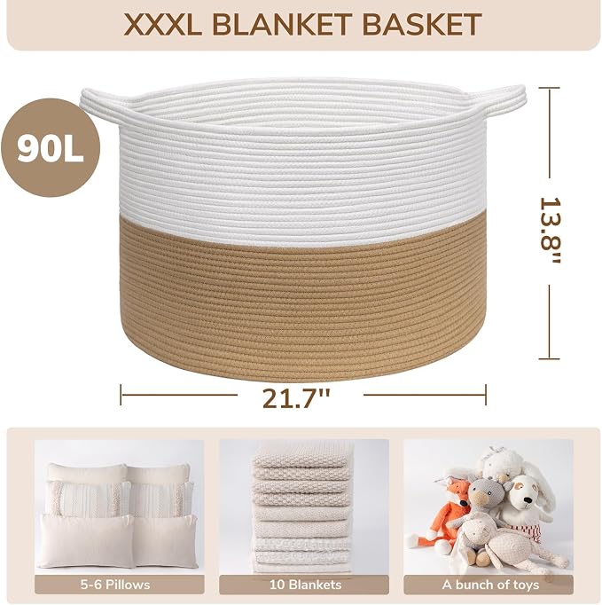 INDRESSME XXXLarge Woven Rope Blanket Basket Living Room, 90L | 21.7" x 13.8" - Image 6