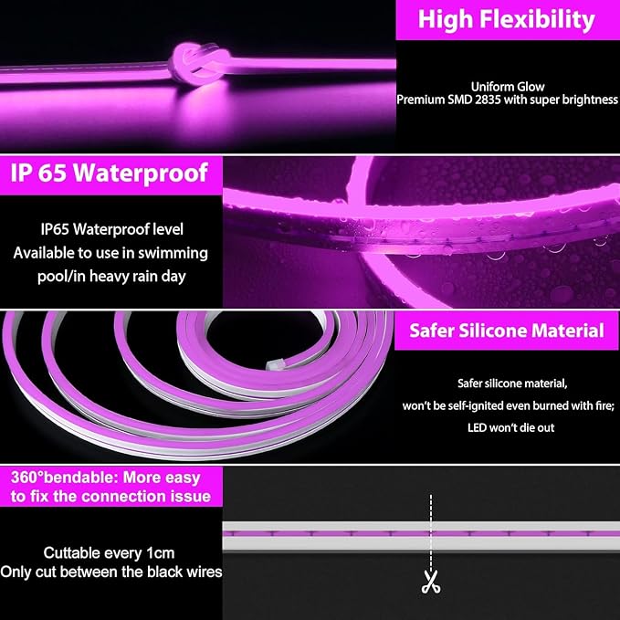 Lamomo LED Neon Lights Purple, 12V 0.39In/Cut Silicone Waterproof DIY Led Strip - Image 3
