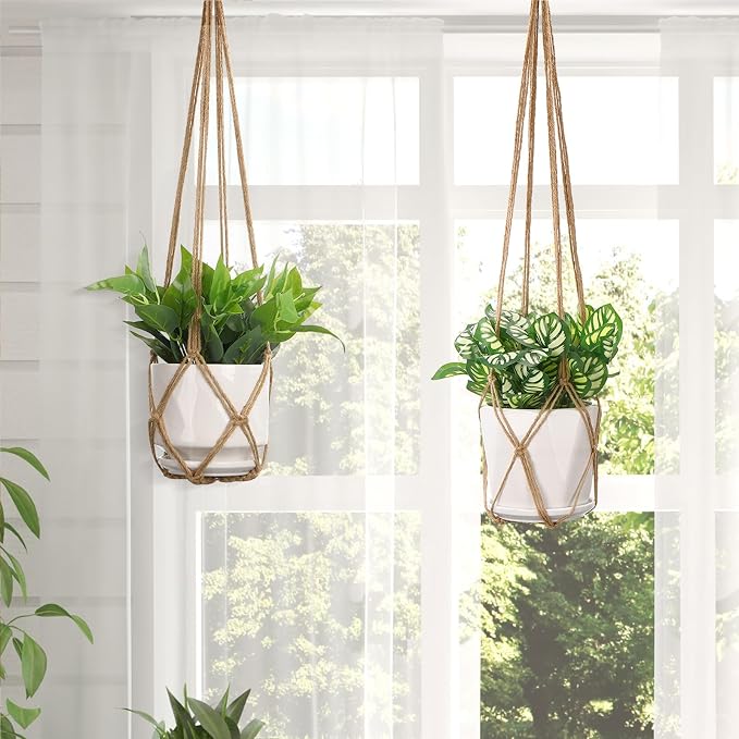 YIBOT Macrame Plant Hanger Indoor 35 Inch Hanging Planter Basket Brown 2Pc | - Image 5