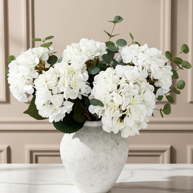 Real Touch White Faux Hydrangea And Eucalyptus Arrangement, Faux Floral by RyddeligHome-AestheticHomeDecor