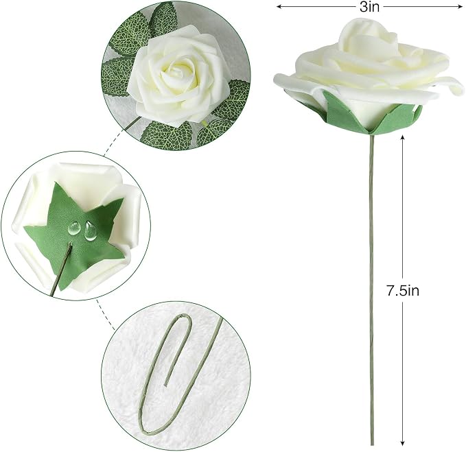 AmyHomie Ivory Rose 25pcs Real Looking Artificial Flowers w/Stem | Bouquet - Image 2