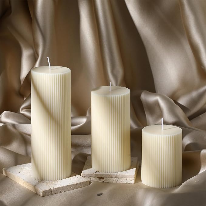 Conelist Ribbed Pillar Candles Set of 3, Width 3" High 4" 6" 8" - Image 5