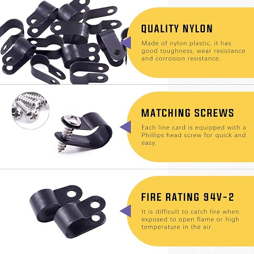 Swpeet 60 Pack Black 3/8 Inch Nylon Plastic R-Type Cable Clips Clamp Kit - Image 3