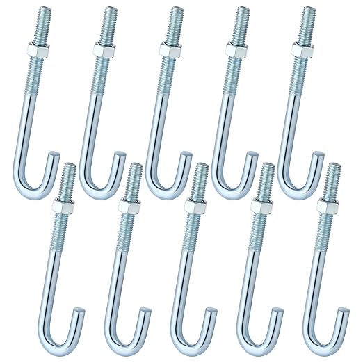 Yaocom 10 Pcs J Bolt with Nut 3/8"-16 x 5 Galvanized Steel Concrete Anchors by Yaocom