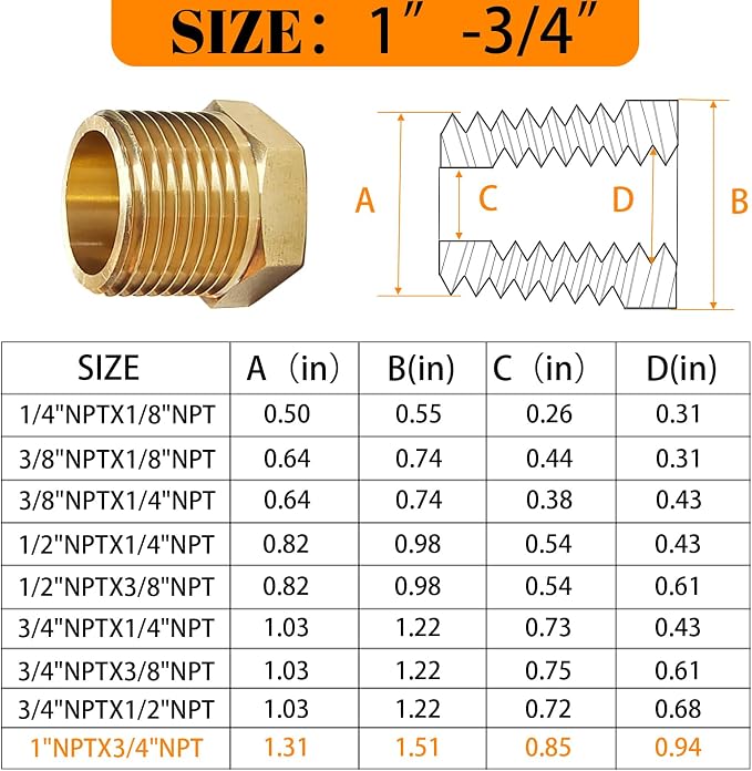 2 Pcs Brass Bushing 1" Male to 3/4" Female - Image 2