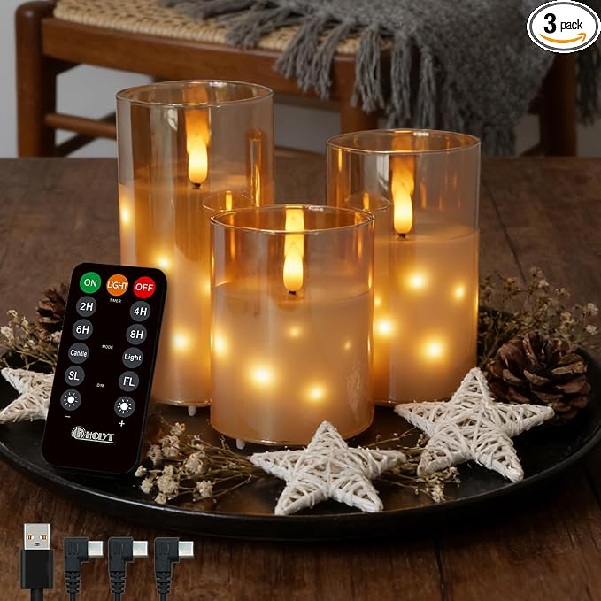 LEDHOLYT Rechargeable Glass LED Flameless Candles, Embedded Star String by LEDHOLYT