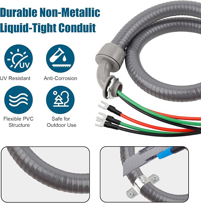 8FT Non-Metallic Liquid-Tight Conduit Kit, 1/2" Pre-Wired Electrical Whip - Image 2