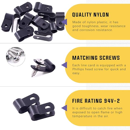 Swpeet 60 Pack Black 1/4 Inch Nylon Plastic R-Type Cable Clips Clamp Kit - Image 3