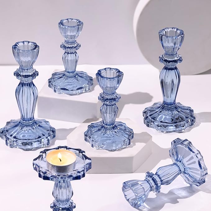 Blue Candlestick Holders Set of 6, Taper Candle Holders | 4.3" H & 6.3" H by Simeitol