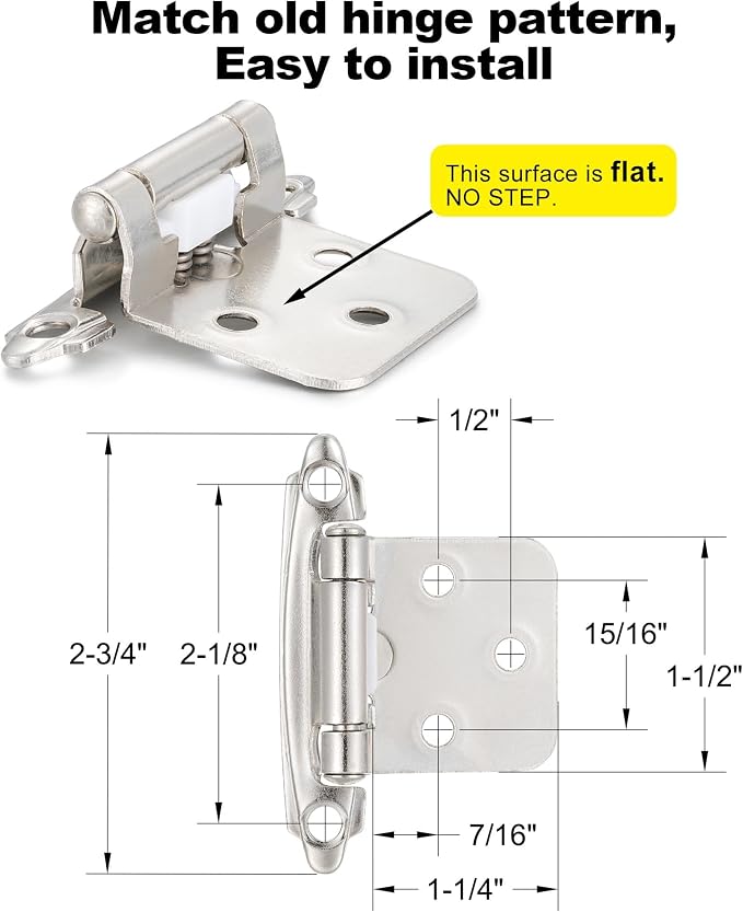 Brushed Nickel Cabinet Hinges, 1/2” Overlay, 10 Pack | - Image 2