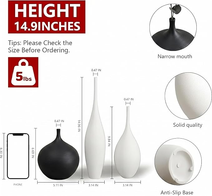 Relexome White Ceramic Vase Modern Wabi-Sabi Black Flower Vase Set of 3 - Image 2