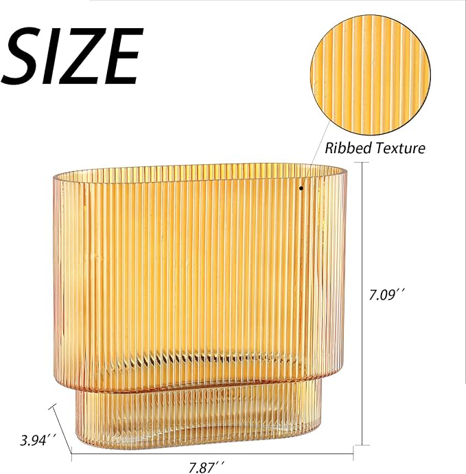 Ribbed Glass Vase, Amber Glass Vase, Fluted Short Vases - Image 7