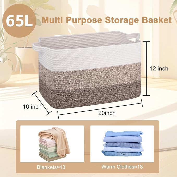 OIAHOMY Large Blanket Basket, 65L Cotton Rope Woven Laundry Basket, Toy Bin - Image 3