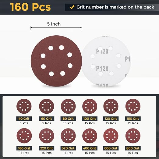 HARFINGTON 160Pcs 5Inch Sanding Disc 8 Hole Hook and Loop Sandpaper Red | - Image 2