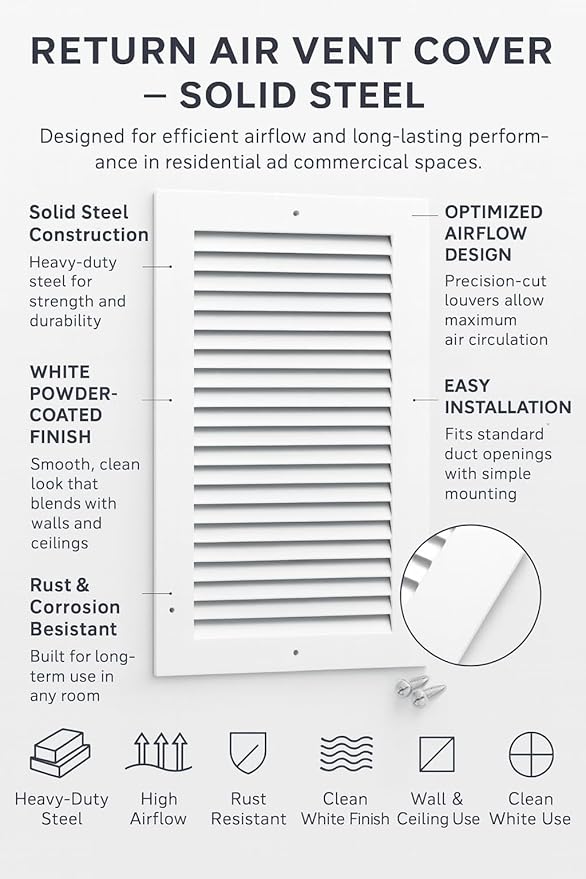 14 x 6 Inch Return Air Vent Cover, Solid Steel HVAC Grille - Image 3