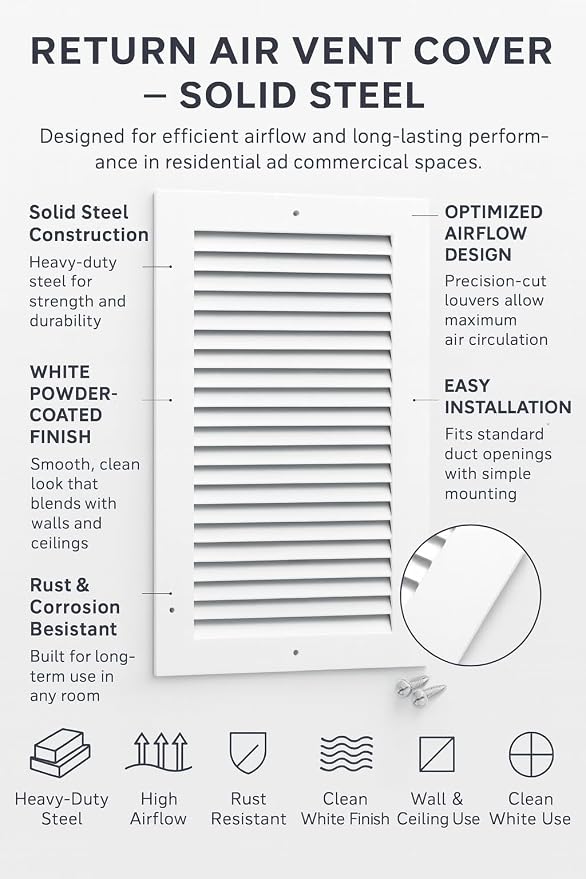 6 x 10 Inch Return Air Vent Cover, Solid Steel HVAC Grille - Image 4