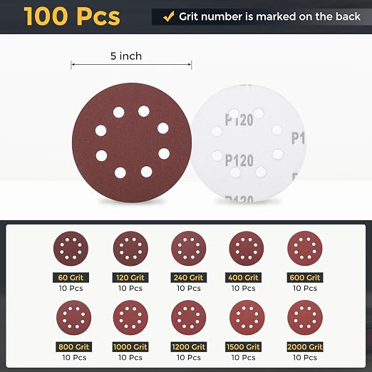 HARFINGTON 100Pcs 5Inch Sanding Disc 8 Hole Hook and Loop Sandpaper Red | - Image 2