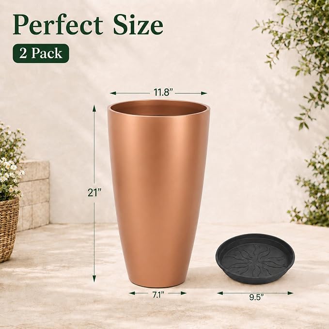 Neoaider Set of 2 Tall Planter, 21 inch Large Plastic Planter, Rose Gold | - Image 3