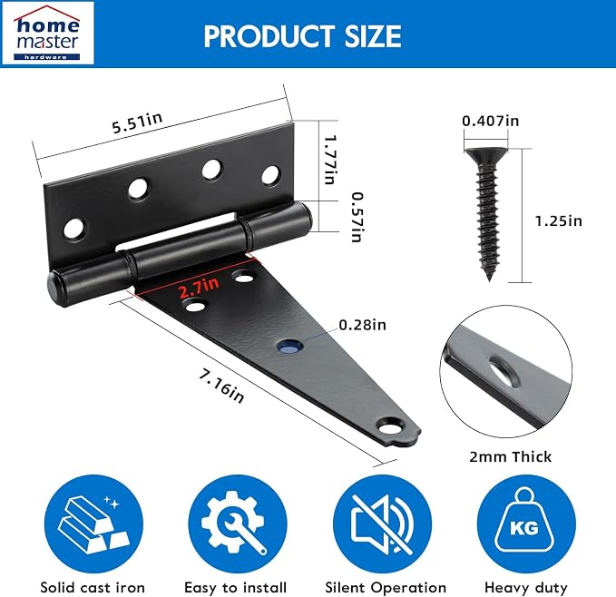 HOME MASTER HARDWARE 8" Heavy Duty Gate Hinges, 4 Pack T Strap Hinges | Steel - Image 2