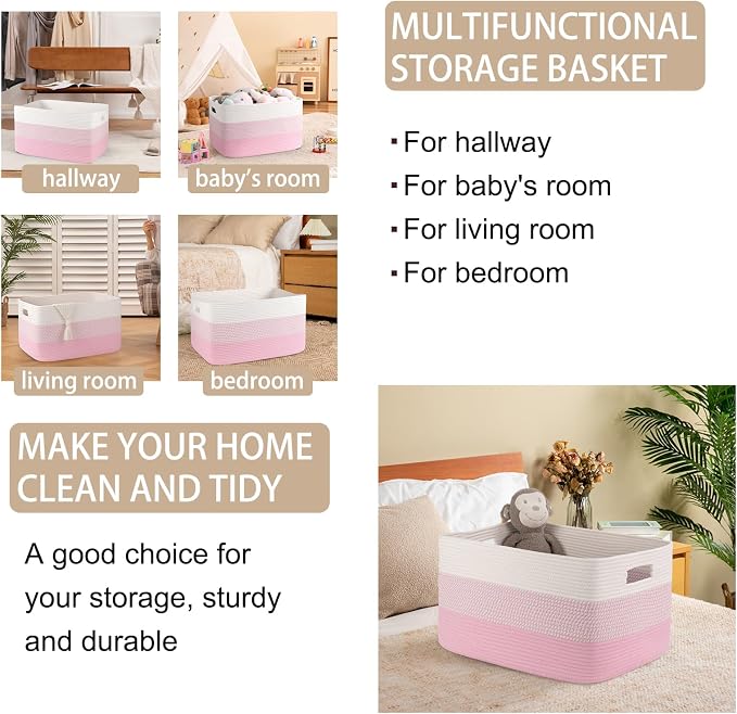 OIAHOMY Blanket Basket Laundry Basket Dog Toy Basket 75L Pink/White | Large - Image 4