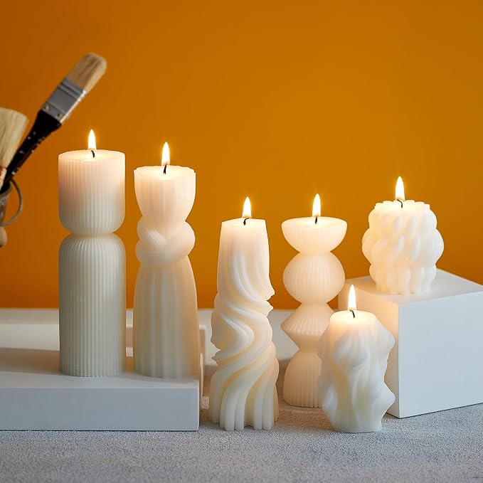 6 Pcs Small Handmade Ribbed Pillar Candle Set, Soy Wax Modern Home Decor - Image 9