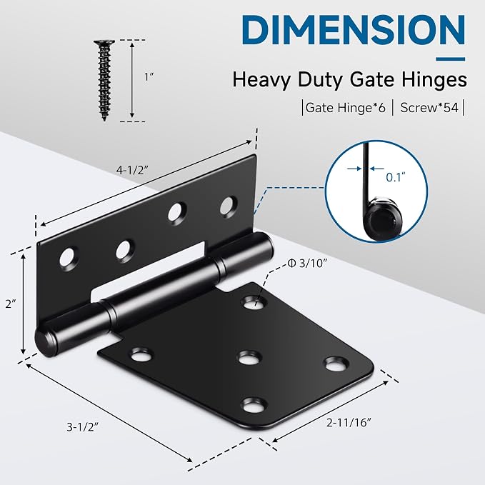 3.5 Inch Heavy Duty Gate Hinges, 6 Pack Black Iron Door Hinges | Solid Iron - Image 2