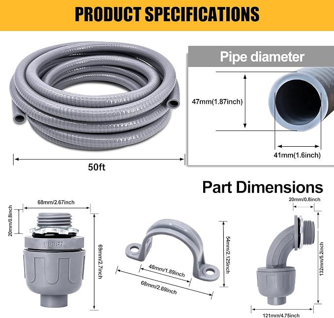 1-1/2 inch 50 Foot Liquid-Tight Conduit Kit, Flexible Non Metallic Electrical - Image 2