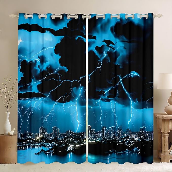 jejeloiu Blue Thunder Lightning Window Drapes Cool Flashing Lightning Blackout by jejeloiu