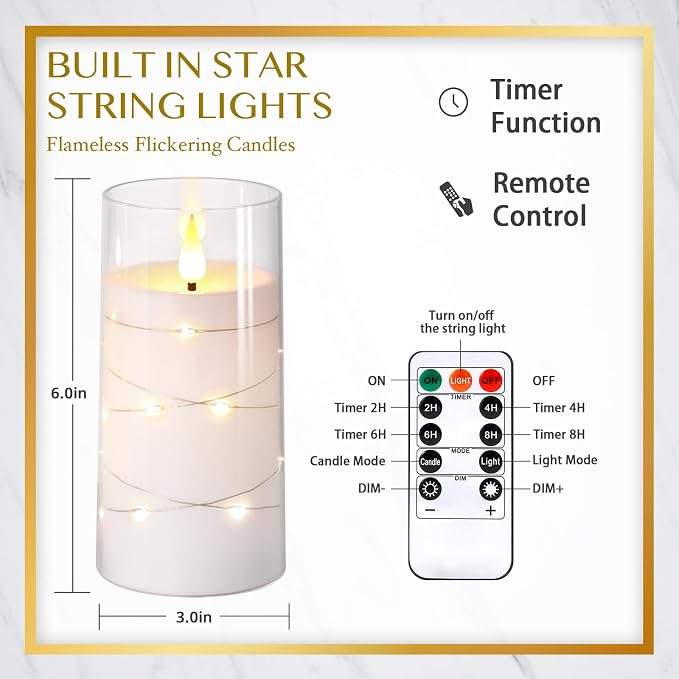 NURADA Flickering Flameless Candles: Built-in Star String Lights, Acrylic - Image 6