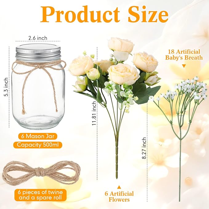 6 Sets Mason Jar Flowers Centerpiece Table Decorations, Champagne | Faux Flowers - Image 3