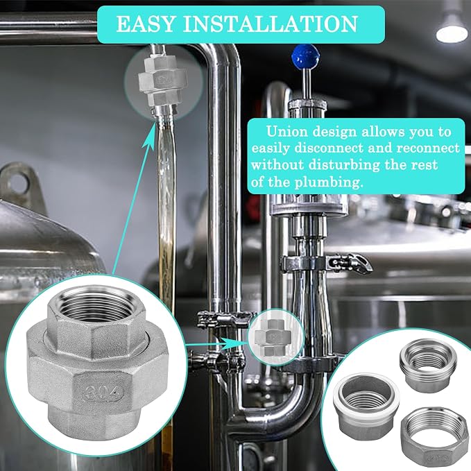 2Pcs 304 Stainless Steel Pipe Union Fitting, Cast Full Port Threaded Connector - Image 6