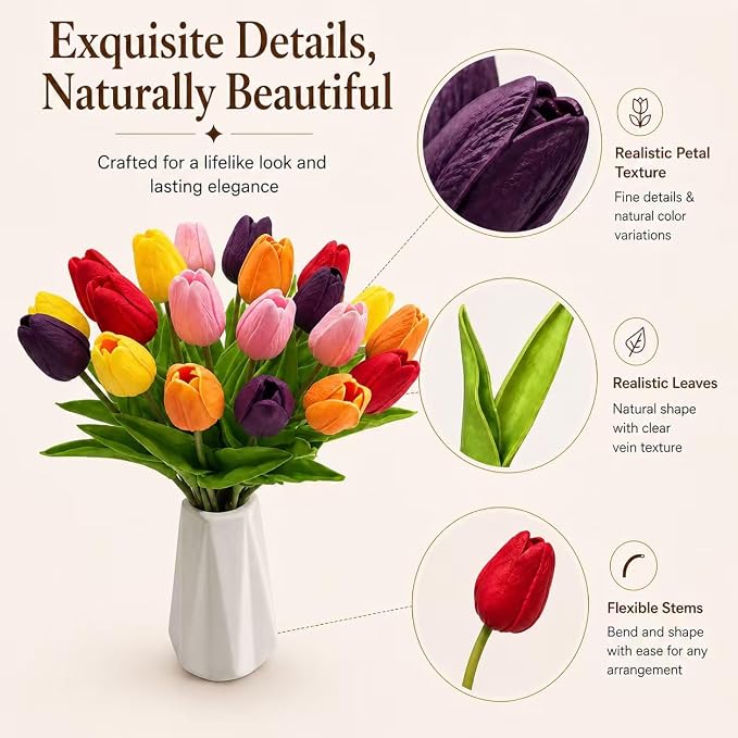 Mandy's 20pcs Artificial Multicolor Tulips | 13.5 Inch Lifelike PU Tulips Faux - Image 4
