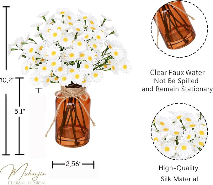 Muhanjia Artificial Daisy Flowers in Amber Glass Vase - Image 3