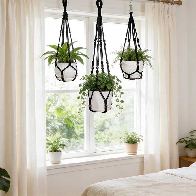 YIBOT Black Macrame Plant Hanger Indoor Hanging Planter Basket | Hanging Plant - Image 4