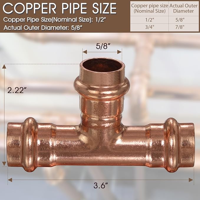 Copper Press Fittings 1/2 Inch Copper Press Tee Coupling 12PK, Zero Lead | - Image 2