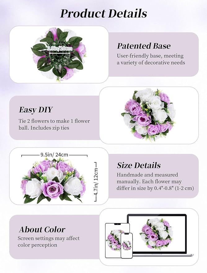 BLOSMON Purple Flowers Ball for Centerpieces: 6 Pcs Fake Lilac White Roses - Image 5