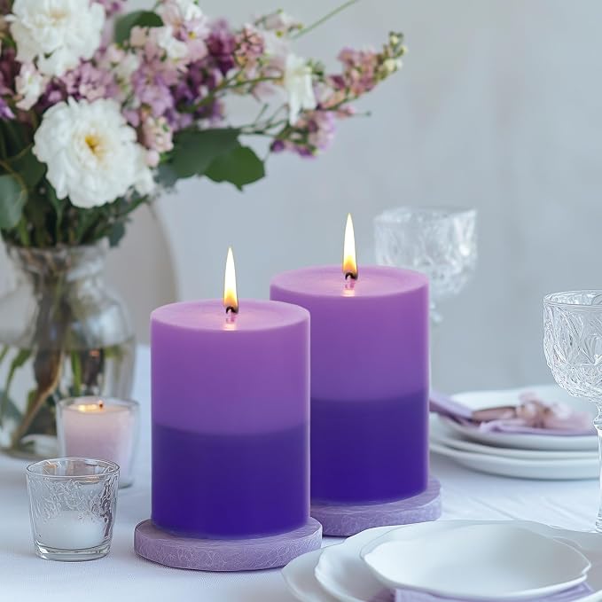 KONNI Layered Pillar Candles Set of 3, 2.8"x 4" Table Decor Purple | - Image 4