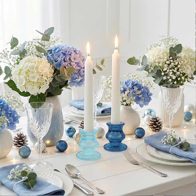 Blue Candlestick Holders 12 Pcs, Ribbed Taper Candle Holders - Image 5