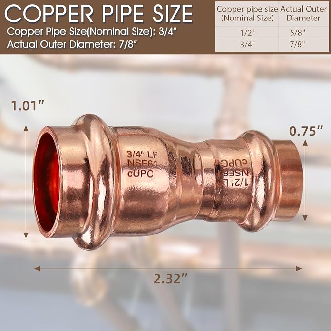 Copper Press Fitting 3/4"x1/2", 12pk Copper Press Reducer Coupling, Zero Lead | - Image 2