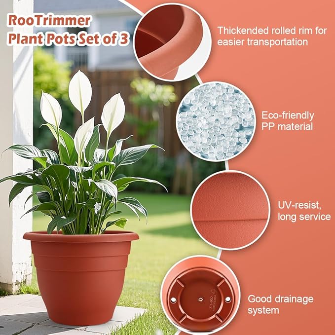RooTrimmer 3-Pack 16 Inch Large Outdoor Plastic Plant Pots - Image 3