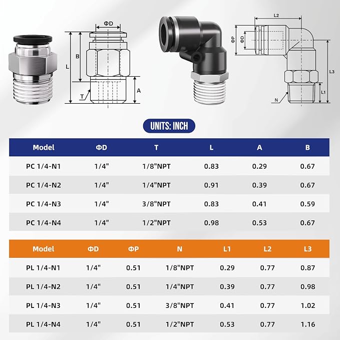 1/8 Push to Connect Fittings npt Thread to 1/4 Air Line quick | Pneumatic - Image 3